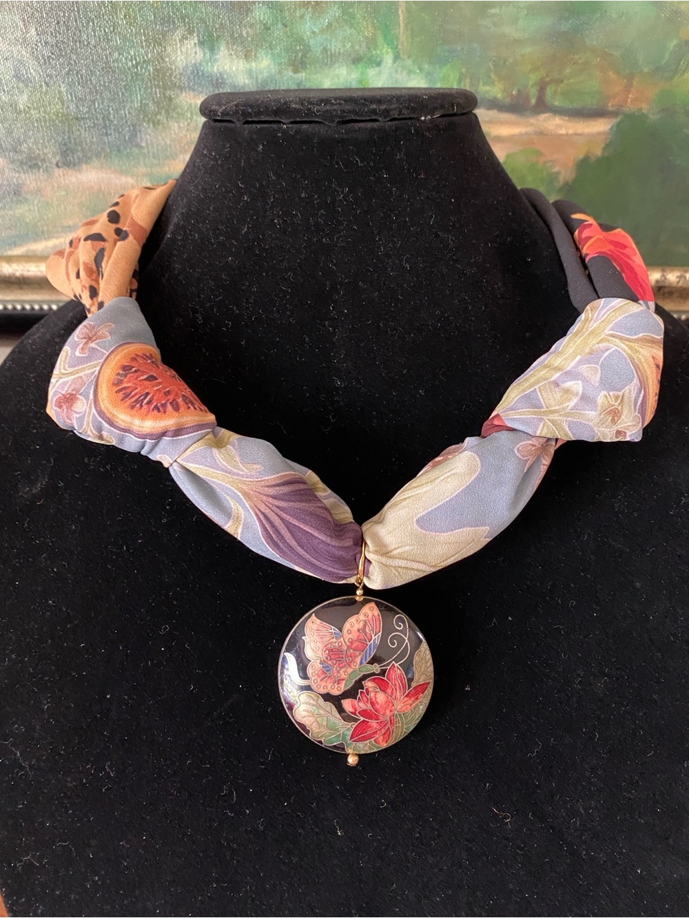 Gorgeous scarf with a vintage cloisonné round pendant.